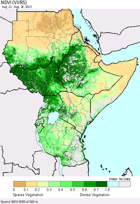 Eastern Africa NDVI (VIIRS) Thematic Map For 8/21/2023 - 8/28/2023