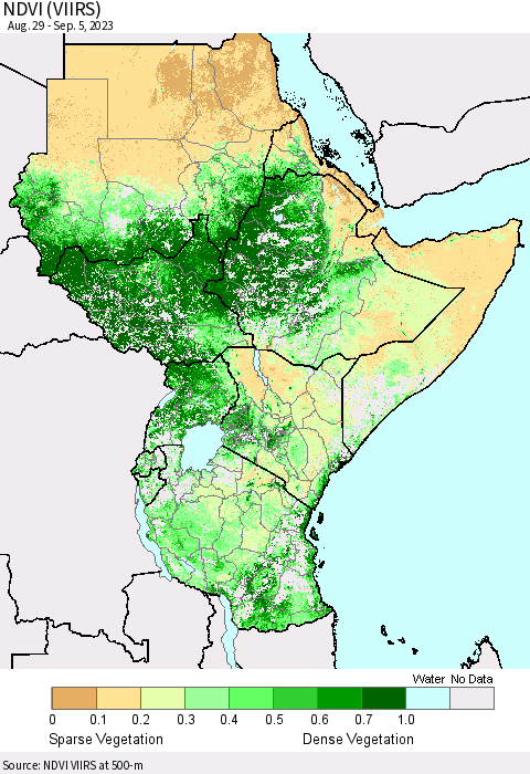 Eastern Africa NDVI (VIIRS) Thematic Map For 8/29/2023 - 9/5/2023