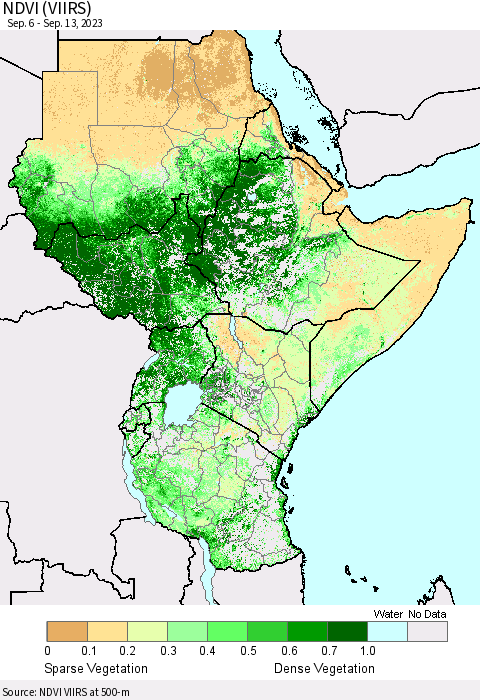 Eastern Africa NDVI (VIIRS) Thematic Map For 9/6/2023 - 9/13/2023