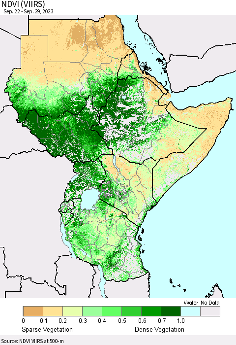 Eastern Africa NDVI (VIIRS) Thematic Map For 9/22/2023 - 9/29/2023
