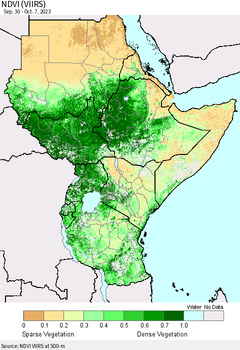 Eastern Africa NDVI (VIIRS) Thematic Map For 9/30/2023 - 10/7/2023