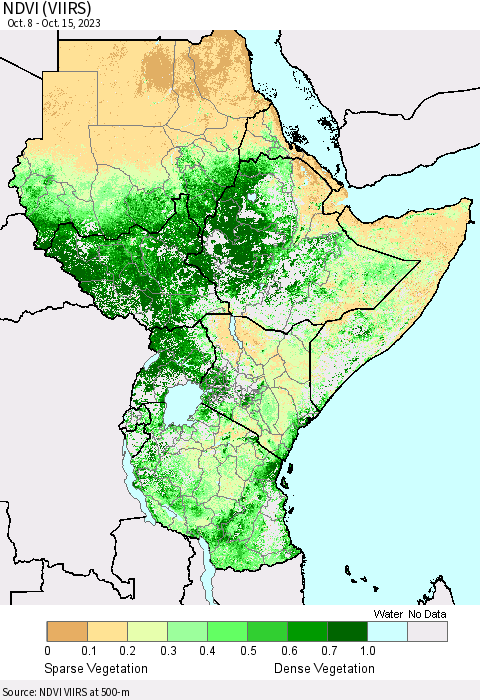 Eastern Africa NDVI (VIIRS) Thematic Map For 10/8/2023 - 10/15/2023