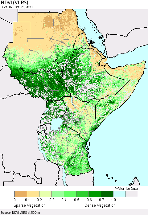 Eastern Africa NDVI (VIIRS) Thematic Map For 10/16/2023 - 10/23/2023