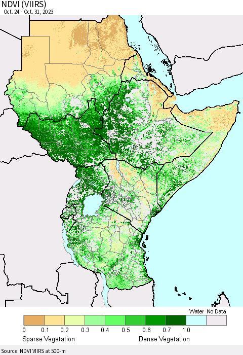 Eastern Africa NDVI (VIIRS) Thematic Map For 10/24/2023 - 10/31/2023