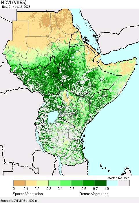 Eastern Africa NDVI (VIIRS) Thematic Map For 11/9/2023 - 11/16/2023