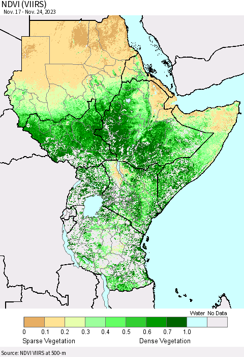 Eastern Africa NDVI (VIIRS) Thematic Map For 11/17/2023 - 11/24/2023