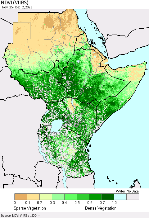 Eastern Africa NDVI (VIIRS) Thematic Map For 11/25/2023 - 12/2/2023