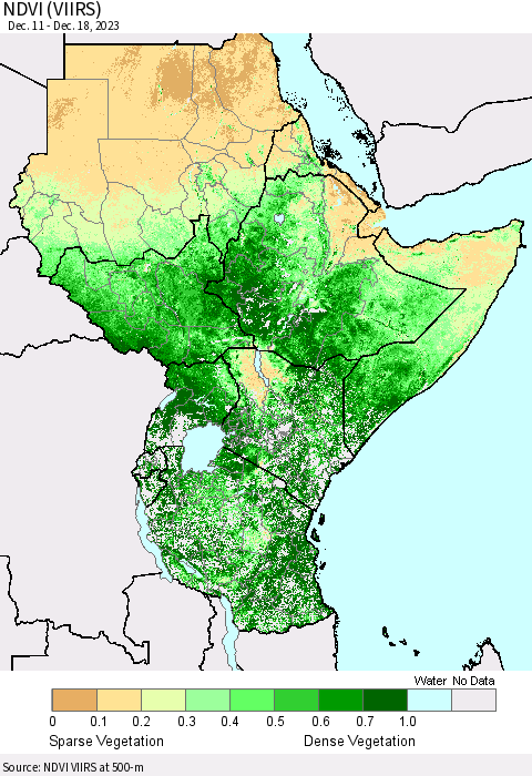 Eastern Africa NDVI (VIIRS) Thematic Map For 12/11/2023 - 12/18/2023