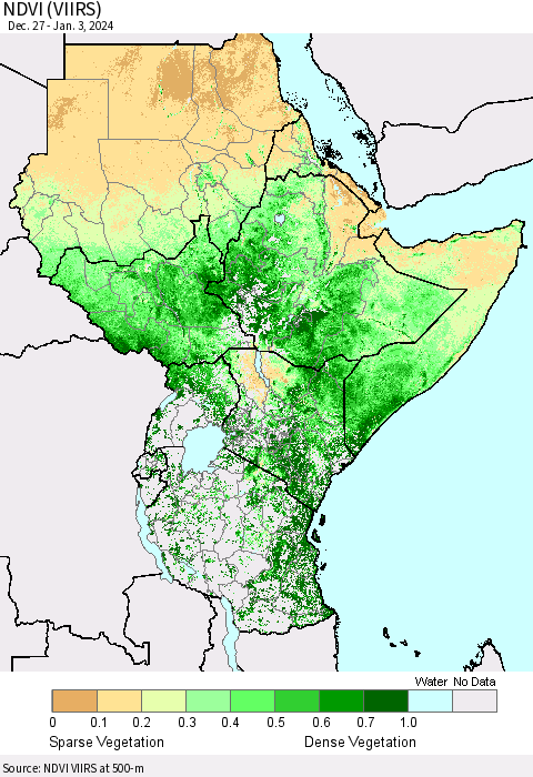 Eastern Africa NDVI (VIIRS) Thematic Map For 12/27/2023 - 1/3/2024