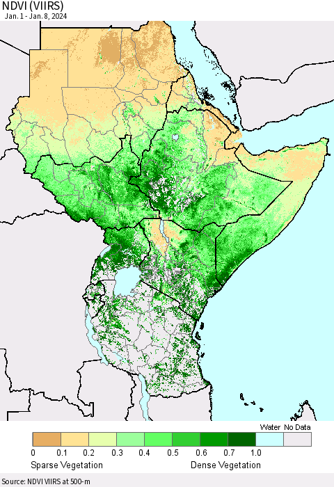 Eastern Africa NDVI (VIIRS) Thematic Map For 1/1/2024 - 1/8/2024