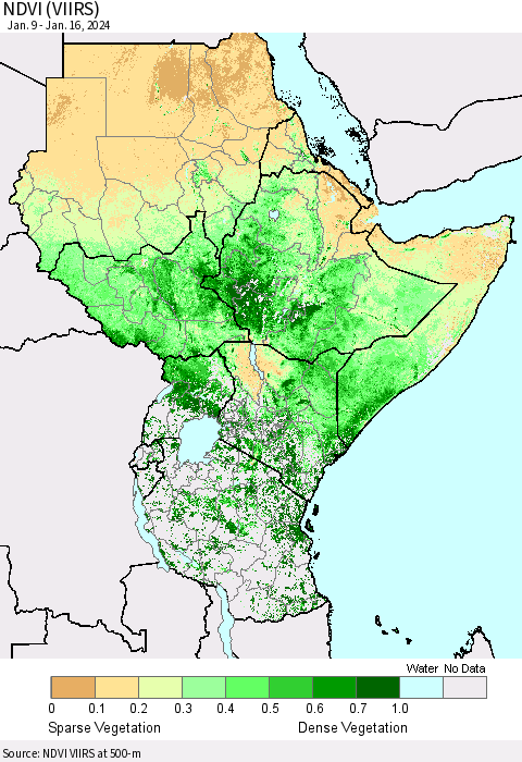 Eastern Africa NDVI (VIIRS) Thematic Map For 1/9/2024 - 1/16/2024