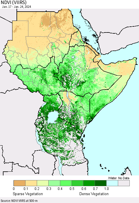 Eastern Africa NDVI (VIIRS) Thematic Map For 1/17/2024 - 1/24/2024