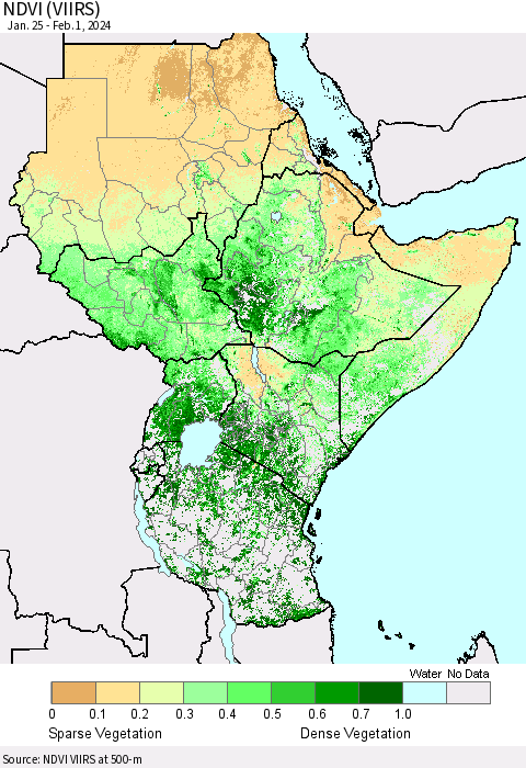 Eastern Africa NDVI (VIIRS) Thematic Map For 1/25/2024 - 2/1/2024