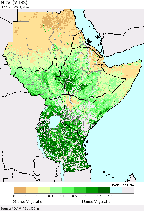 Eastern Africa NDVI (VIIRS) Thematic Map For 2/2/2024 - 2/9/2024