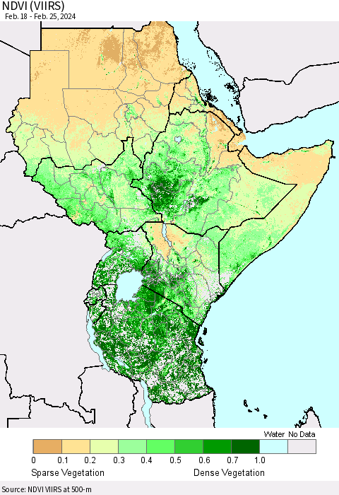 Eastern Africa NDVI (VIIRS) Thematic Map For 2/18/2024 - 2/25/2024