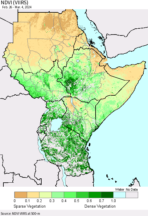 Eastern Africa NDVI (VIIRS) Thematic Map For 2/26/2024 - 3/4/2024