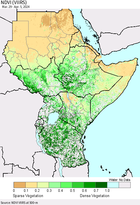 Eastern Africa NDVI (VIIRS) Thematic Map For 3/29/2024 - 4/5/2024