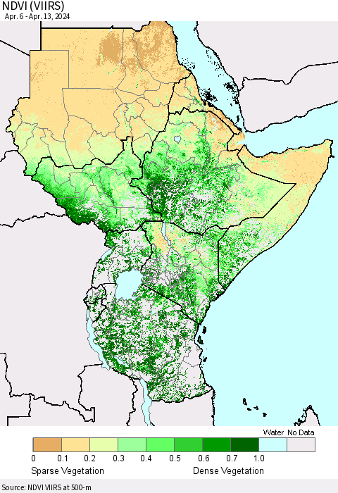 Eastern Africa NDVI (VIIRS) Thematic Map For 4/6/2024 - 4/13/2024