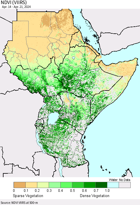 Eastern Africa NDVI (VIIRS) Thematic Map For 4/14/2024 - 4/21/2024