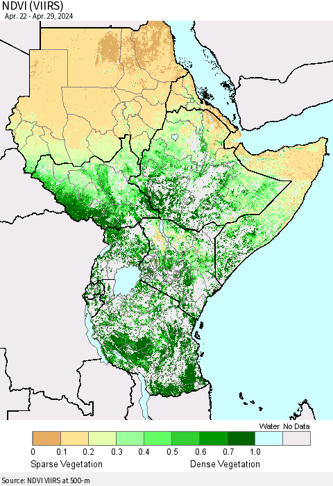 Eastern Africa NDVI (VIIRS) Thematic Map For 4/22/2024 - 4/29/2024