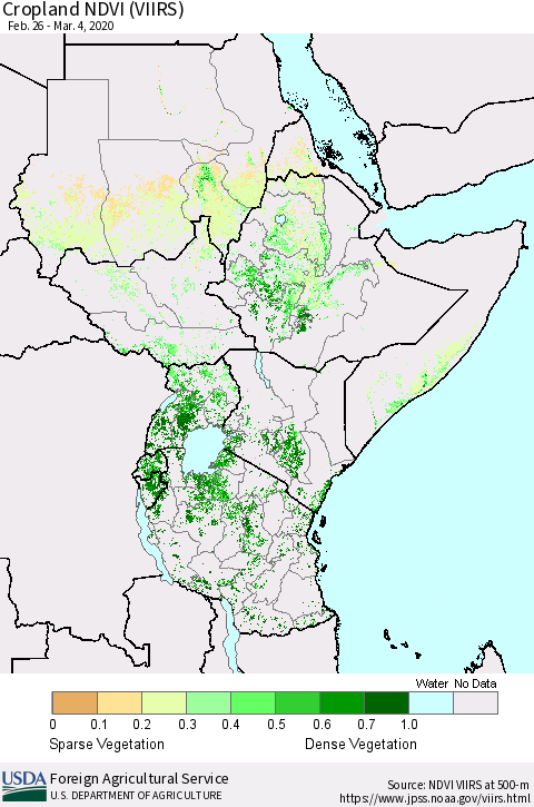 Eastern Africa Cropland NDVI (VIIRS) Thematic Map For 3/1/2020 - 3/10/2020