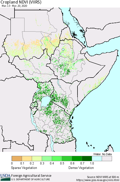 Eastern Africa Cropland NDVI (VIIRS) Thematic Map For 3/11/2020 - 3/20/2020