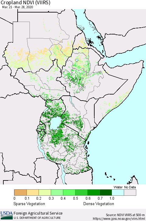 Eastern Africa Cropland NDVI (VIIRS) Thematic Map For 3/21/2020 - 3/31/2020