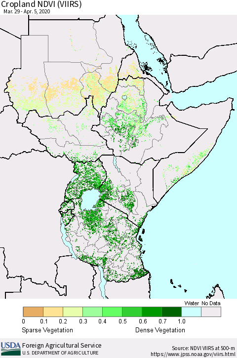 Eastern Africa Cropland NDVI (VIIRS) Thematic Map For 4/1/2020 - 4/10/2020