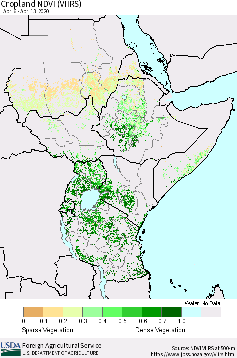 Eastern Africa Cropland NDVI (VIIRS) Thematic Map For 4/11/2020 - 4/20/2020