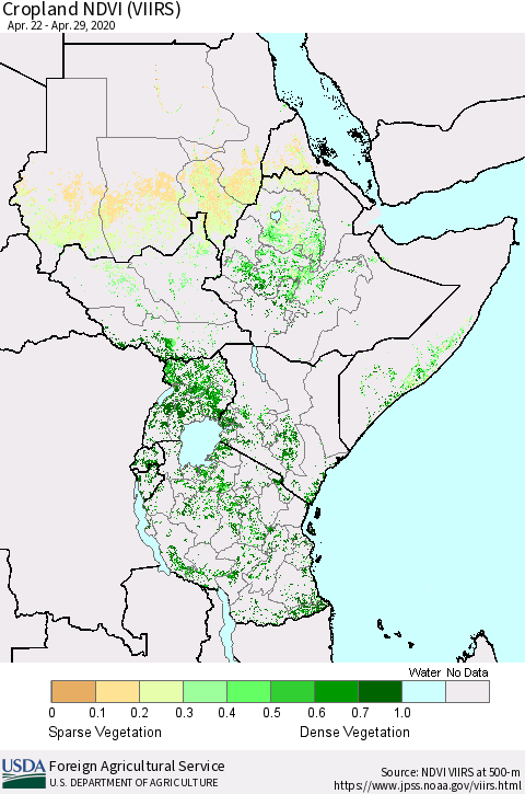 Eastern Africa Cropland NDVI (VIIRS) Thematic Map For 4/21/2020 - 4/30/2020