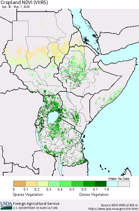Eastern Africa Cropland NDVI (VIIRS) Thematic Map For 5/1/2020 - 5/10/2020