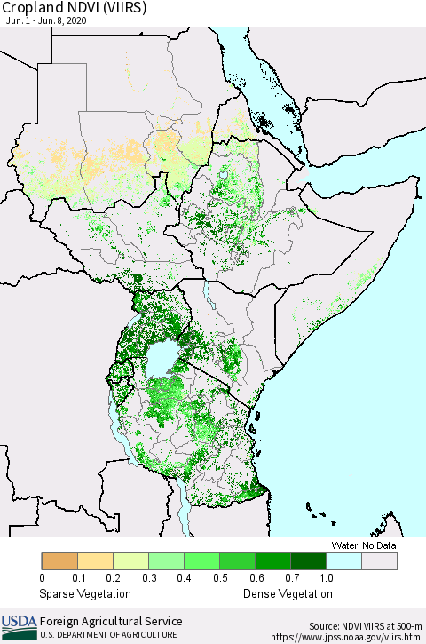 Eastern Africa Cropland NDVI (VIIRS) Thematic Map For 6/1/2020 - 6/10/2020