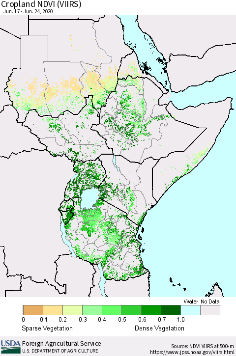 Eastern Africa Cropland NDVI (VIIRS) Thematic Map For 6/21/2020 - 6/30/2020