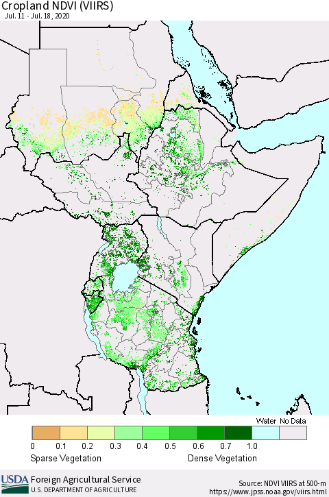 Eastern Africa Cropland NDVI (VIIRS) Thematic Map For 7/11/2020 - 7/20/2020