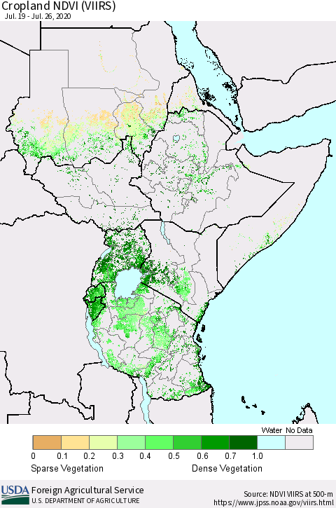 Eastern Africa Cropland NDVI (VIIRS) Thematic Map For 7/21/2020 - 7/31/2020
