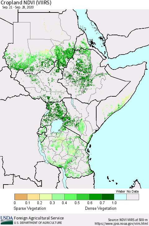 Eastern Africa Cropland NDVI (VIIRS) Thematic Map For 9/21/2020 - 9/30/2020