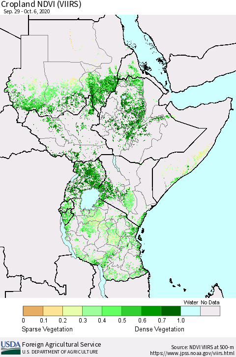 Eastern Africa Cropland NDVI (VIIRS) Thematic Map For 10/1/2020 - 10/10/2020