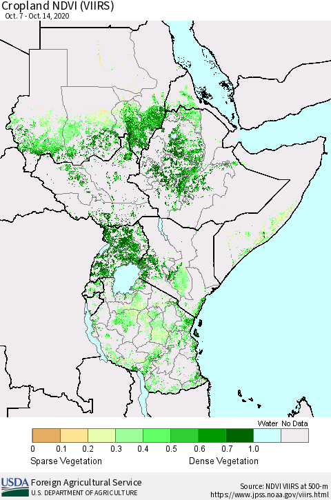 Eastern Africa Cropland NDVI (VIIRS) Thematic Map For 10/11/2020 - 10/20/2020