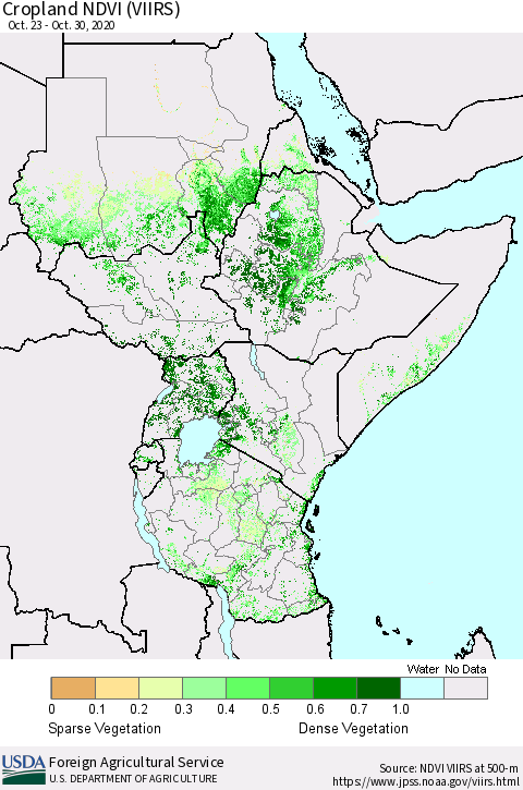 Eastern Africa Cropland NDVI (VIIRS) Thematic Map For 10/21/2020 - 10/31/2020