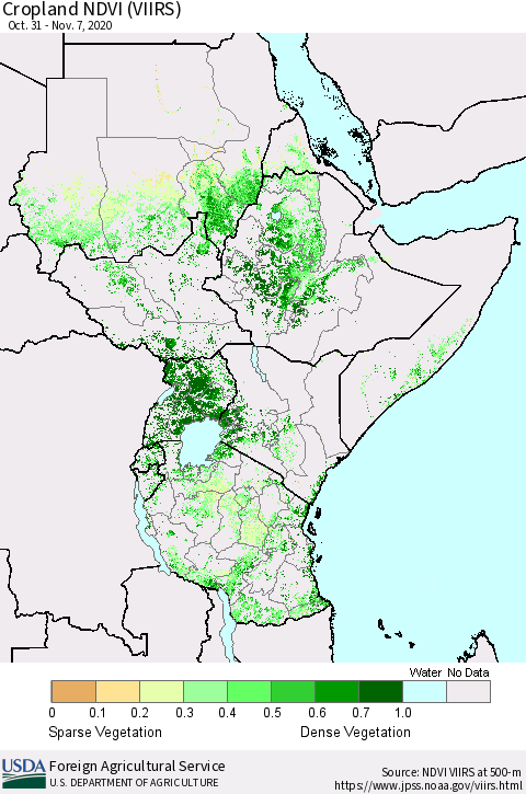 Eastern Africa Cropland NDVI (VIIRS) Thematic Map For 11/1/2020 - 11/10/2020