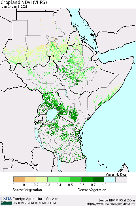 Eastern Africa Cropland NDVI (VIIRS) Thematic Map For 1/1/2021 - 1/10/2021