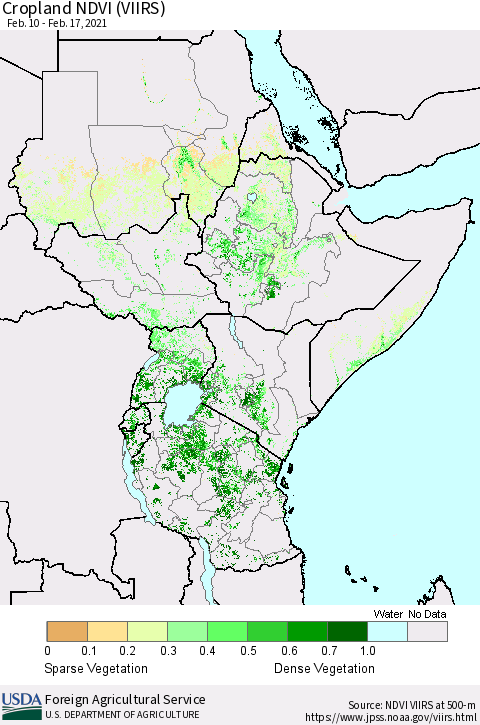 Eastern Africa Cropland NDVI (VIIRS) Thematic Map For 2/11/2021 - 2/20/2021