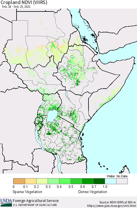 Eastern Africa Cropland NDVI (VIIRS) Thematic Map For 2/21/2021 - 2/28/2021