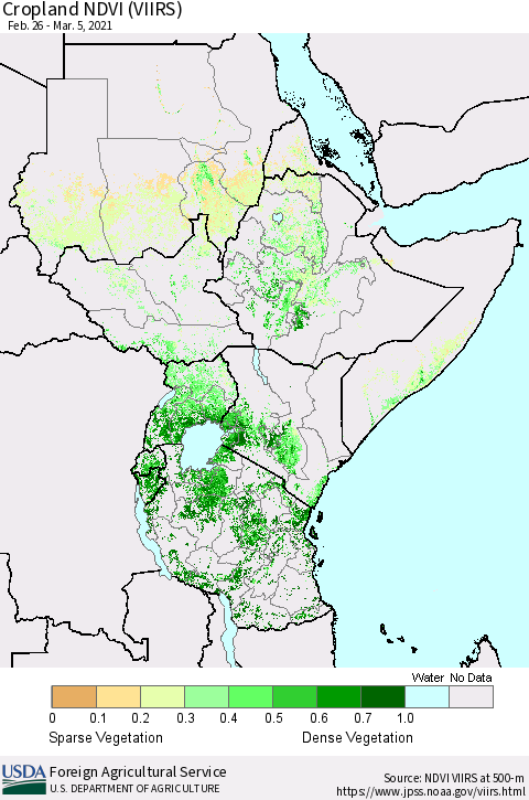 Eastern Africa Cropland NDVI (VIIRS) Thematic Map For 3/1/2021 - 3/10/2021