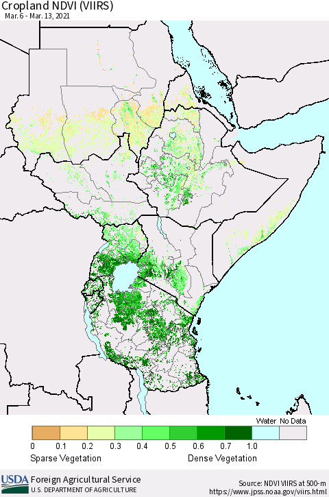 Eastern Africa Cropland NDVI (VIIRS) Thematic Map For 3/11/2021 - 3/20/2021