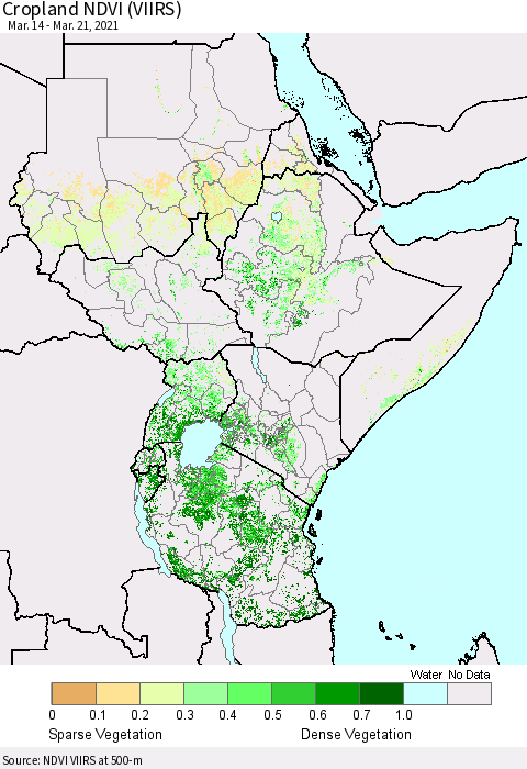 Eastern Africa Cropland NDVI (VIIRS) Thematic Map For 3/14/2021 - 3/21/2021