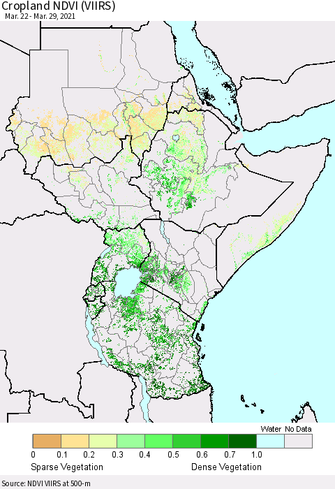 Eastern Africa Cropland NDVI (VIIRS) Thematic Map For 3/22/2021 - 3/29/2021