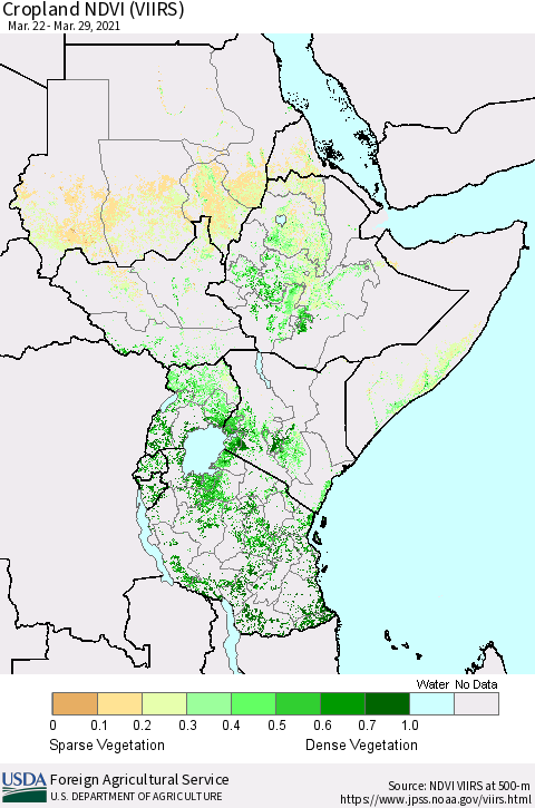 Eastern Africa Cropland NDVI (VIIRS) Thematic Map For 3/21/2021 - 3/31/2021