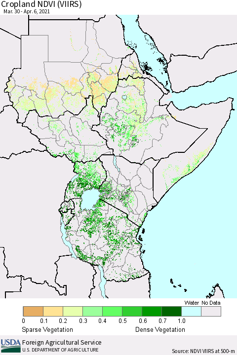 Eastern Africa Cropland NDVI (VIIRS) Thematic Map For 3/30/2021 - 4/6/2021