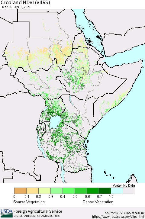Eastern Africa Cropland NDVI (VIIRS) Thematic Map For 4/1/2021 - 4/10/2021